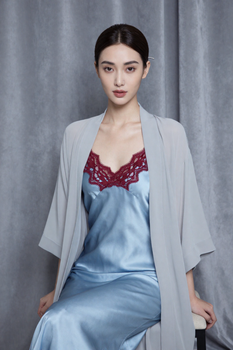 Fictional 29-year-old woman in an ice-blue silk slip dress seated before a plain velvet curtain at ChuhaiYule